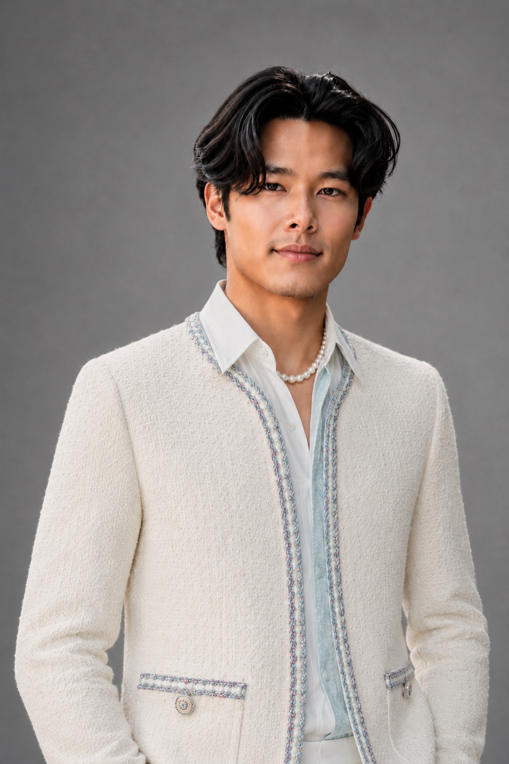 Portrait of Hao Li in a white textured jacket